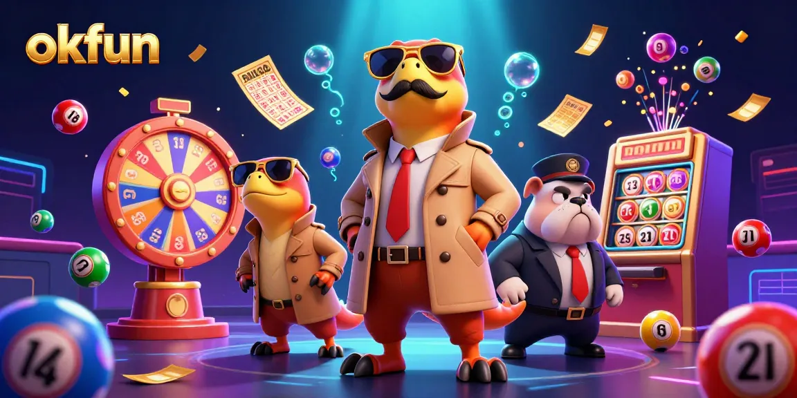 Win exciting jackpots at okfun, featuring raptors in a trench coat entering a casino lounge.