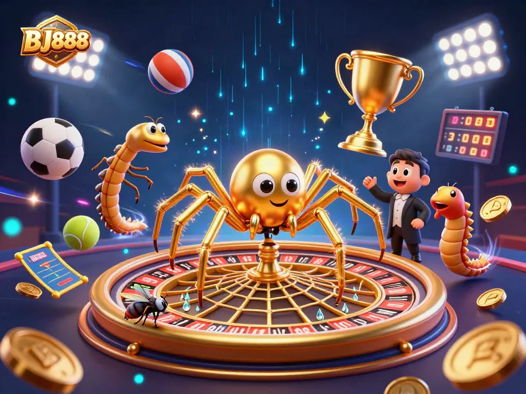 Experience thrilling bets with BJ888 at a vivid casino scene featuring a golden spider and dynamic sports elements.
