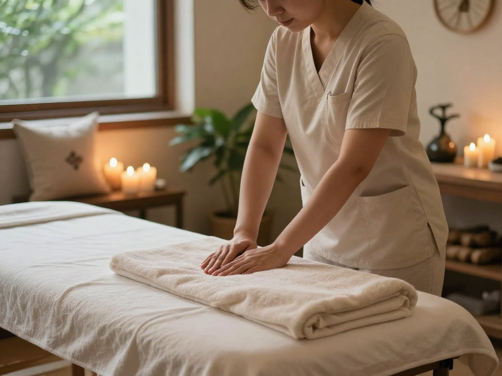 Professional therapist preparing for a soothing 수원출장마사지 session in a tranquil home setting.