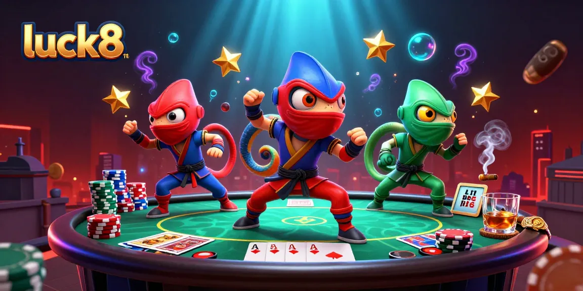 Catch the thrill at luck8 with vibrant ninja chameleons battling around poker chips and royal flush cards.