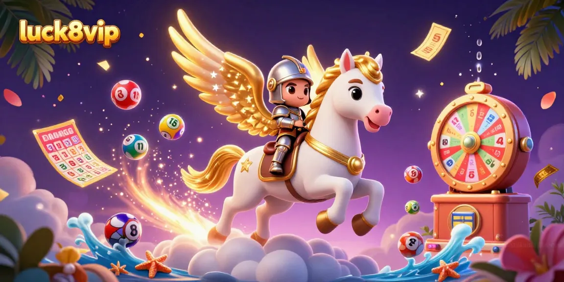 Experience excitement with luck8vip as the knight rides a celestial horse amid lottery elements.