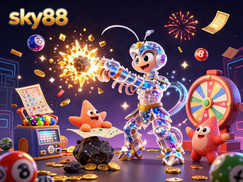 Experience the vibrant action of sky88 as a galactic mantis shrimp battles through an explosion of treasures.