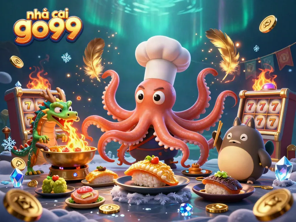 Experience vibrant gameplay excitement at nhà cái go99 with a dynamic scene of animated characters preparing dishes amidst gold coins and gaming excitement.