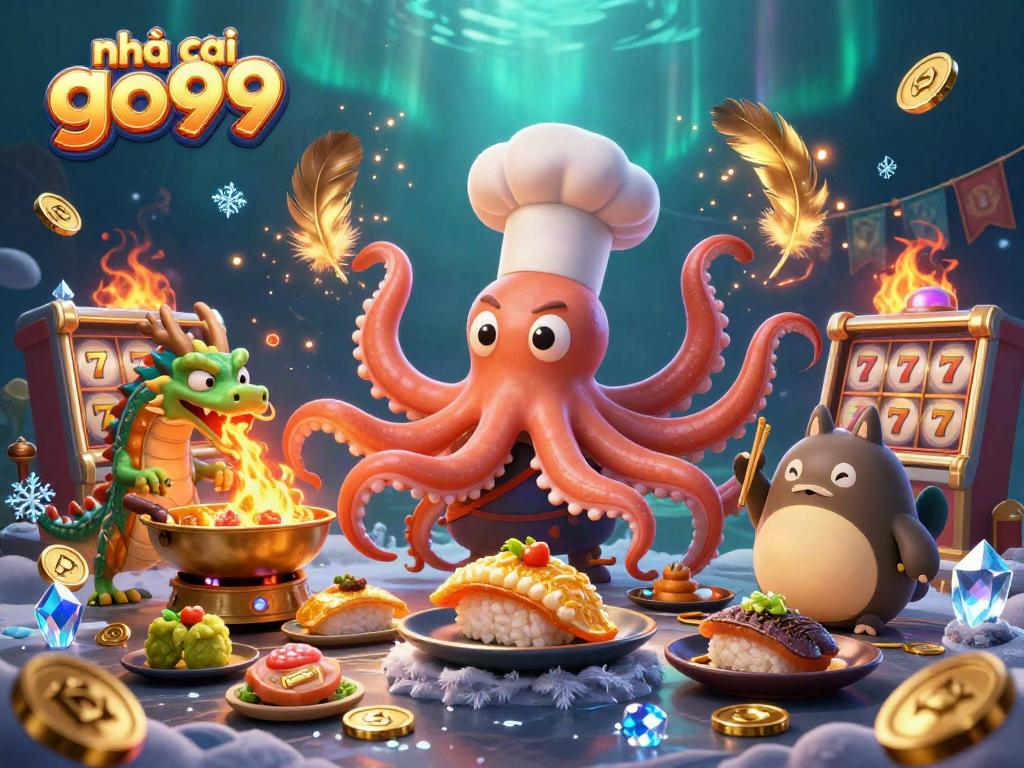 Experience vibrant gameplay excitement at nhà cái go99 with a dynamic scene of animated characters preparing dishes amidst gold coins and gaming excitement.