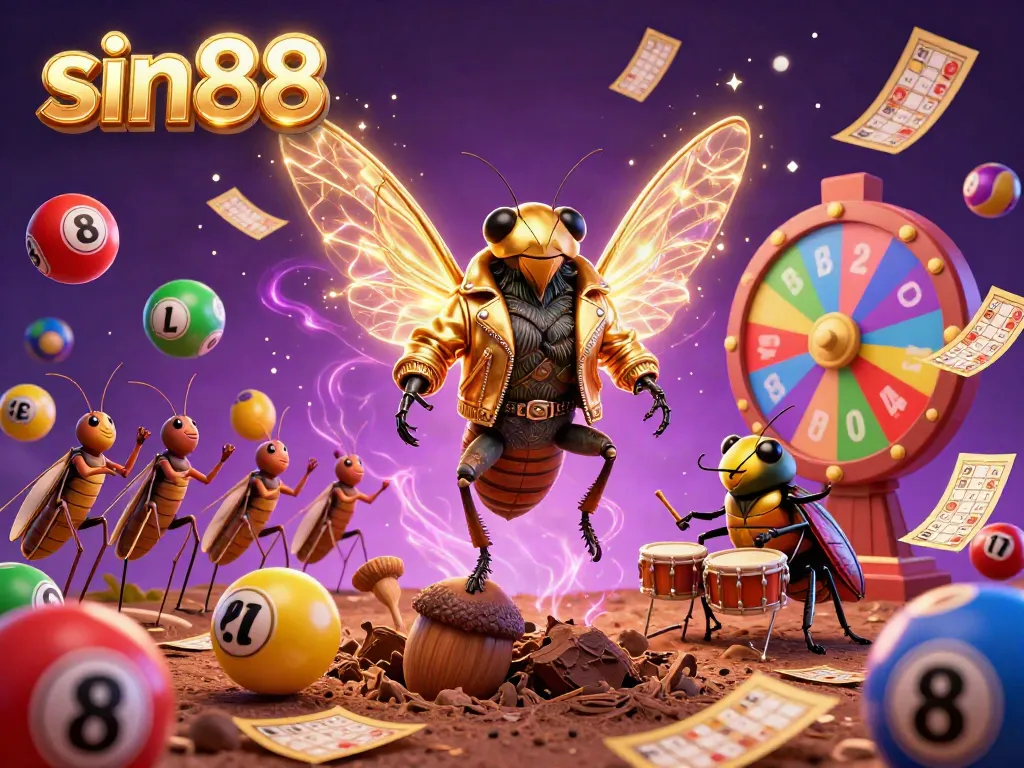 Engage with sin88's thrilling casino world as a cicada rock star performs amidst colorful lottery elements.