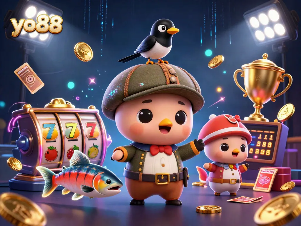 yo88 players enjoy a vibrant slot game scene with animated characters and dynamic casino elements