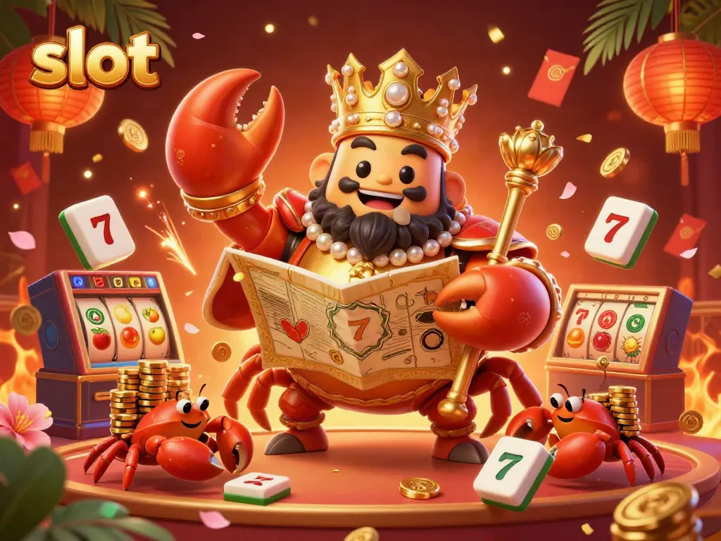 Exciting slot gaming scene with a golden crab emperor character surrounded by vibrant slot symbols.