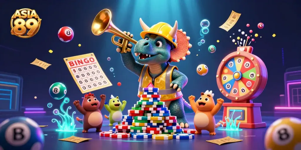 Experience thrilling excitement with ASIA 89 as colorful lottery balls bounce around a joyful casino scene.