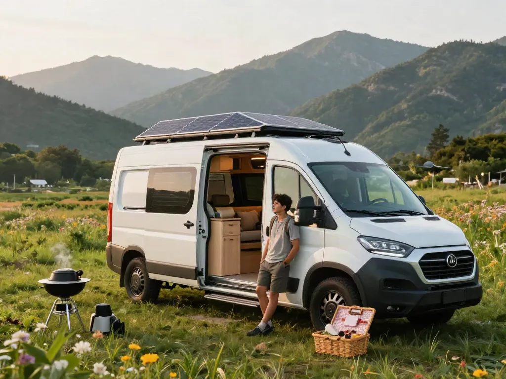 Traveler enjoying van life with campervan setup and solar panel, showcasing rokok 88 adventure.