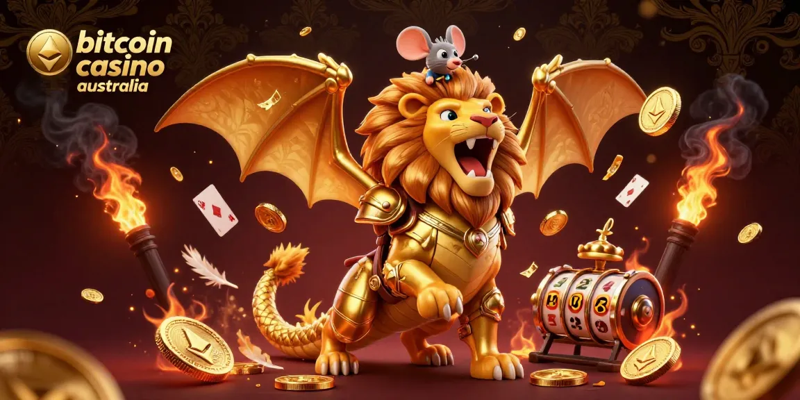 Experience thrilling gameplay at a bitcoin casino Australia with dynamic 3D illustration featuring a roaring chimera and Bitcoin elements.