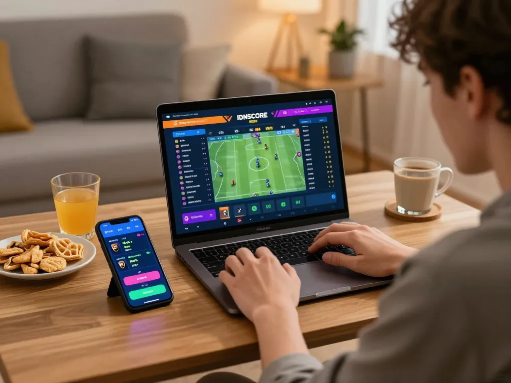 IDNSCORE RESMI player analyzing sports betting odds on a laptop at home.