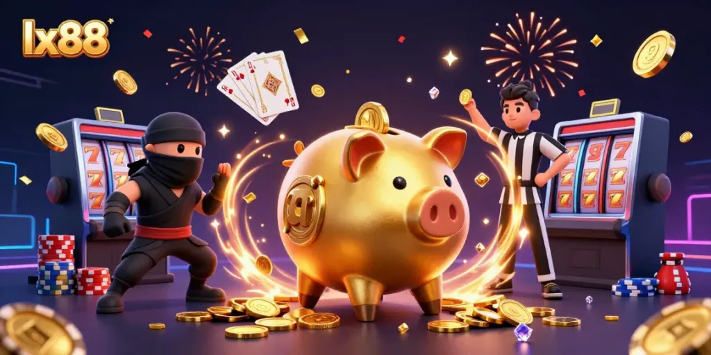 Experience the excitement of lx88 with a vibrant 3D scene featuring characters and slot symbols.