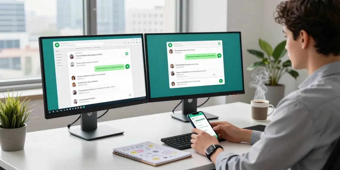 Using WhatsApp電腦版 in a modern workspace with dual monitors and smartphone.