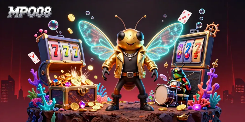 Experience the excitement of winning at MPO08 with vibrant casino elements in a dynamic 3D scene.