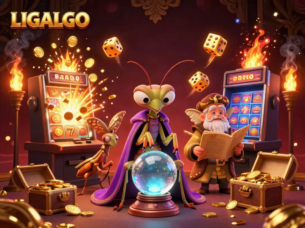 LIGALGO showcases a vibrant casino scene with a fortune teller and massive slot machine bursting with coins.