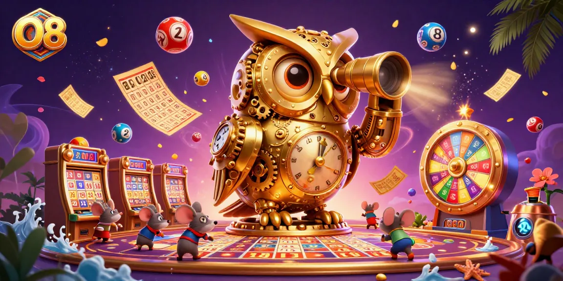 O8 casino features a golden owl scanning the floor amidst lively slot games and winning lottery elements.