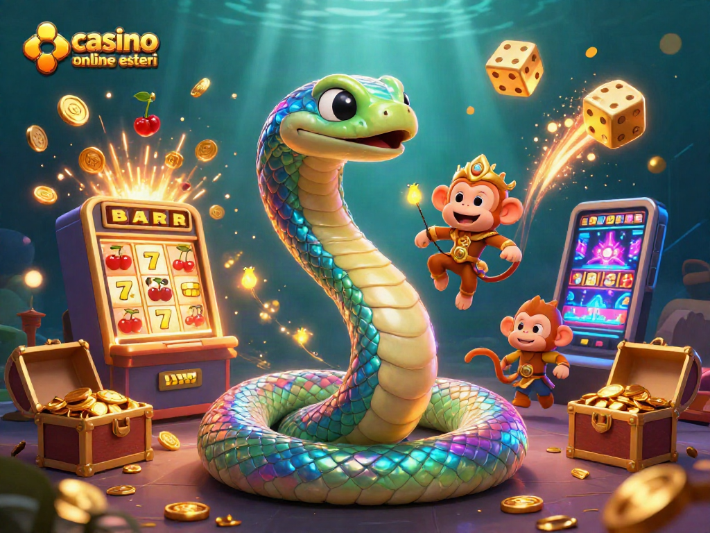 Immagine vivace di casino online esteri con serpente arcobaleno e re scimmia, circondati da slot e premi.