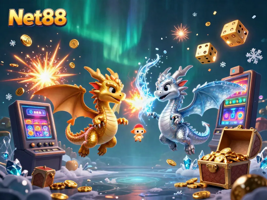 Experience the excitement of Net88 with a dynamic scene featuring golden and silver dragons in a colorful casino environment.