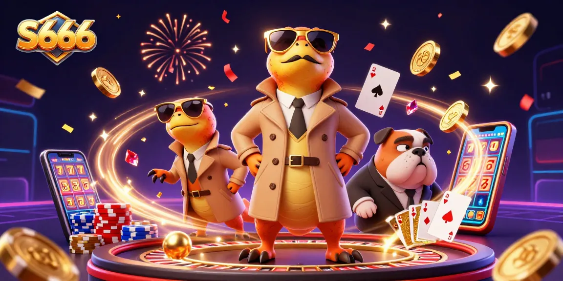 S666 raptors in trench coat entering VIP casino lounge, surrounded by golden coins and poker chips.