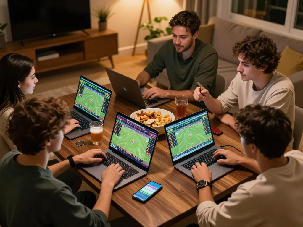 Friends strategically placing bets on sports events in a lively online gaming session at FUN79 com