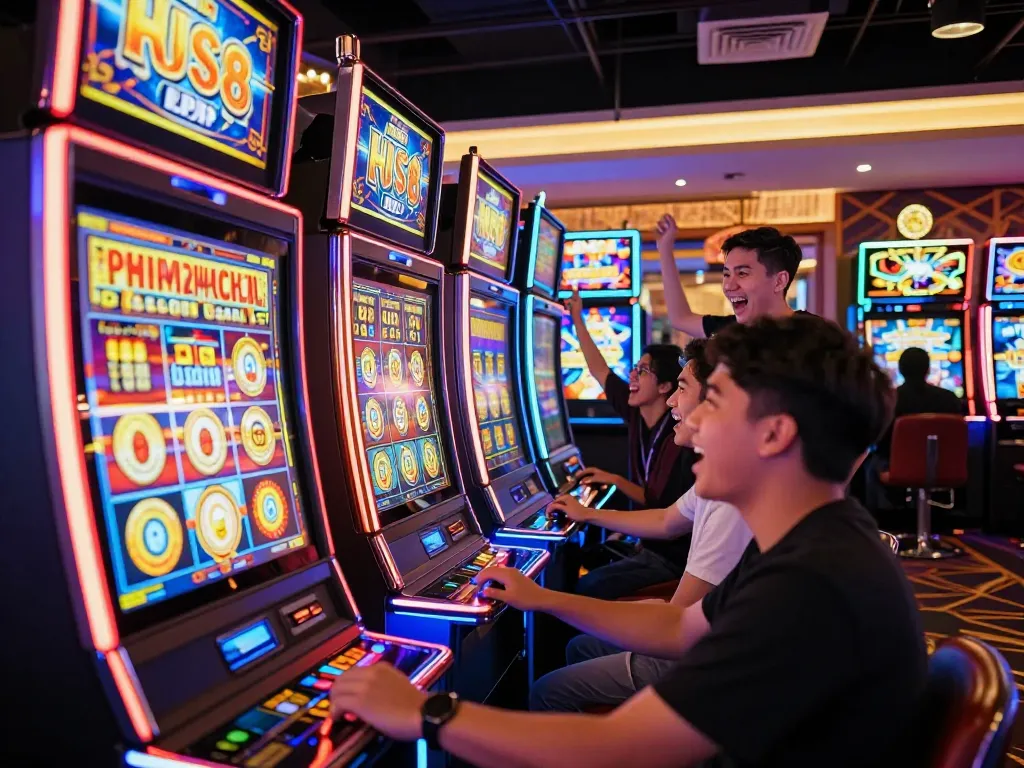 Players enjoying the excitement of slot88 resmi apk at vibrant slot machines in a lively casino.