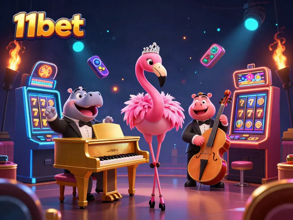 Experience vibrant 11bet casino with cartoon characters, slot machines, and dynamic elements.