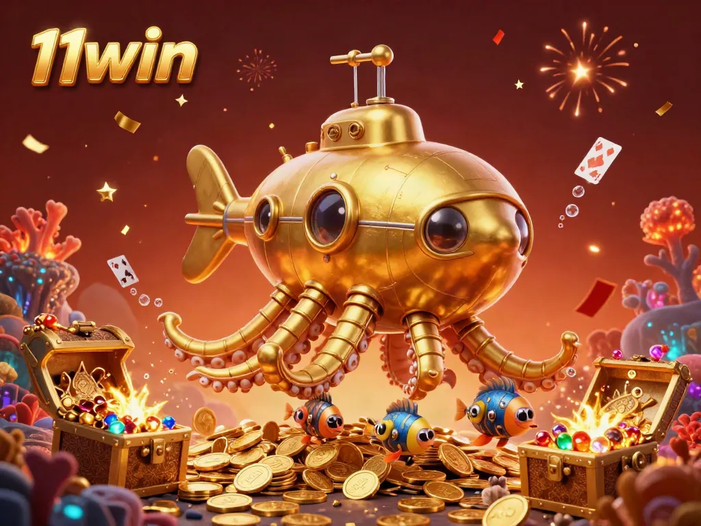 Experience thrilling adventures with 11win's golden kraken submarine amidst treasure-filled underwater casino.