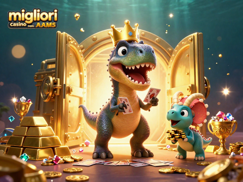 Scopri i migliori casino non AAMS mentre un T-Rex e amici si sfidano ai tavoli con fiches d'oro.