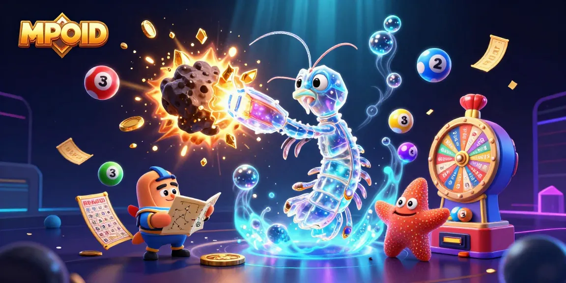 MPOID platform showcases vibrant gambling elements with a galactic samurai shrimp, lottery balls, and golden prizes.