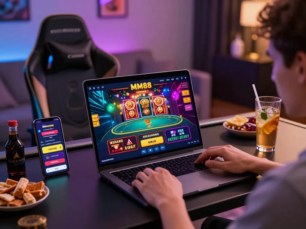Engaging online gaming experience at MM88 platform with casino graphics and mobile app.
