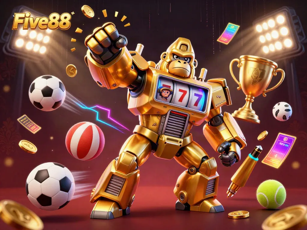 Five88 showcases an exciting scene with a golden gorilla mech surrounded by dynamic sports elements and gambling excitement.