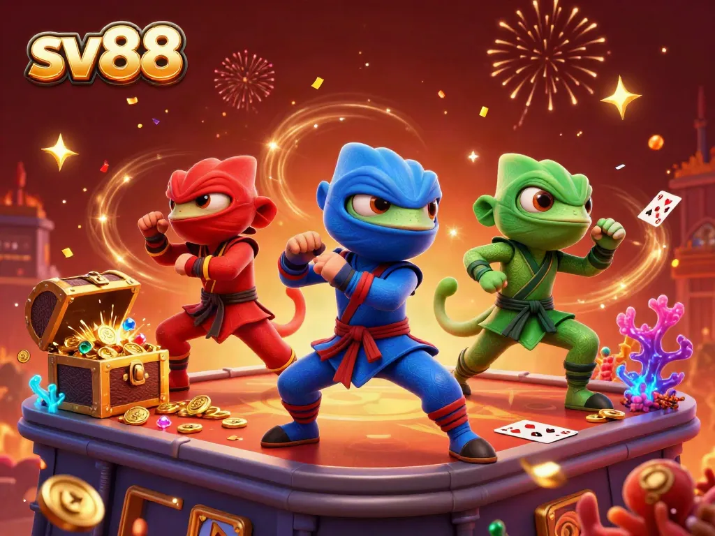 Experience explosive gameplay and excitement with sv88 as chameleons showcase their martial arts skills in a vibrant casino setting.
