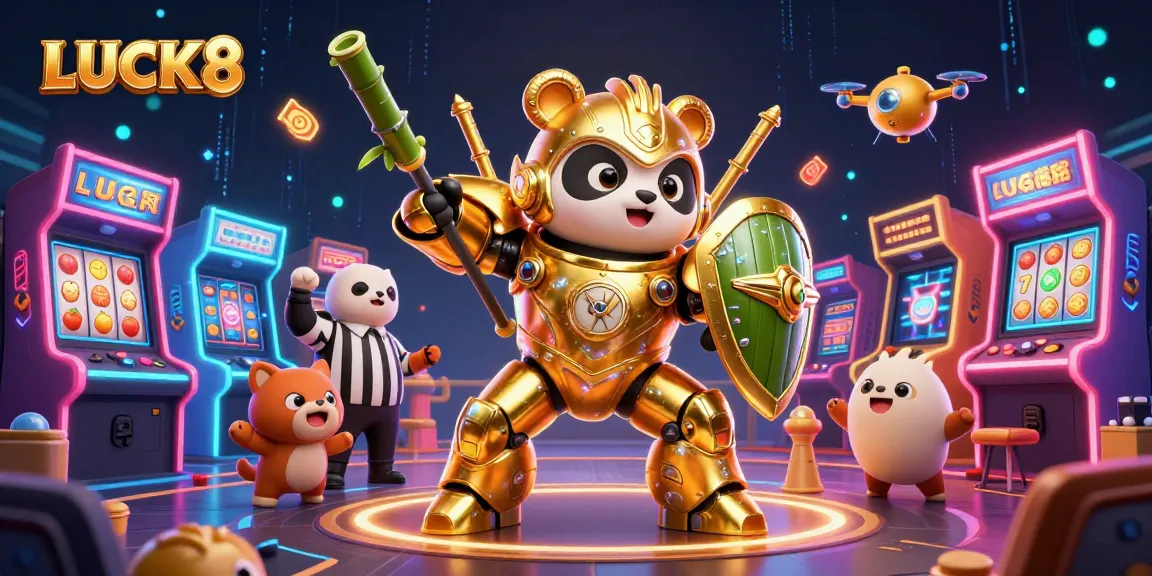 LUCK8 showcases an energizing casino-themed battle scene with a panda robot amidst slot reels.