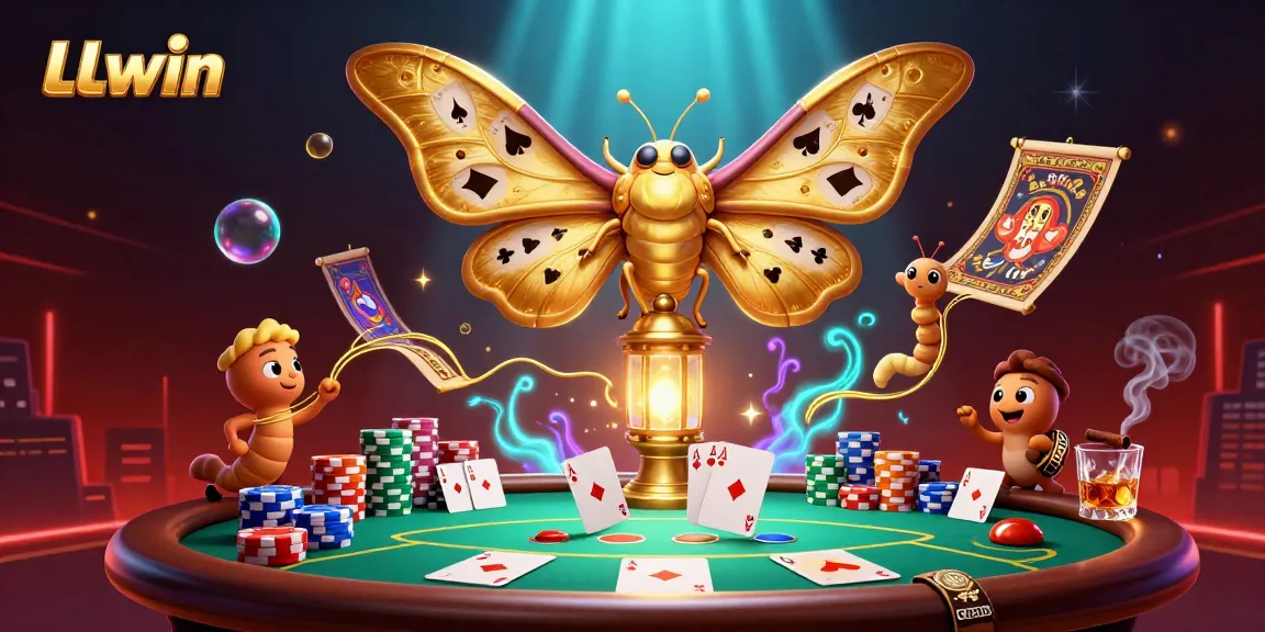 Engage with LLwin's vibrant gaming scene featuring an atlas moth, poker elements, and rich casino visuals.