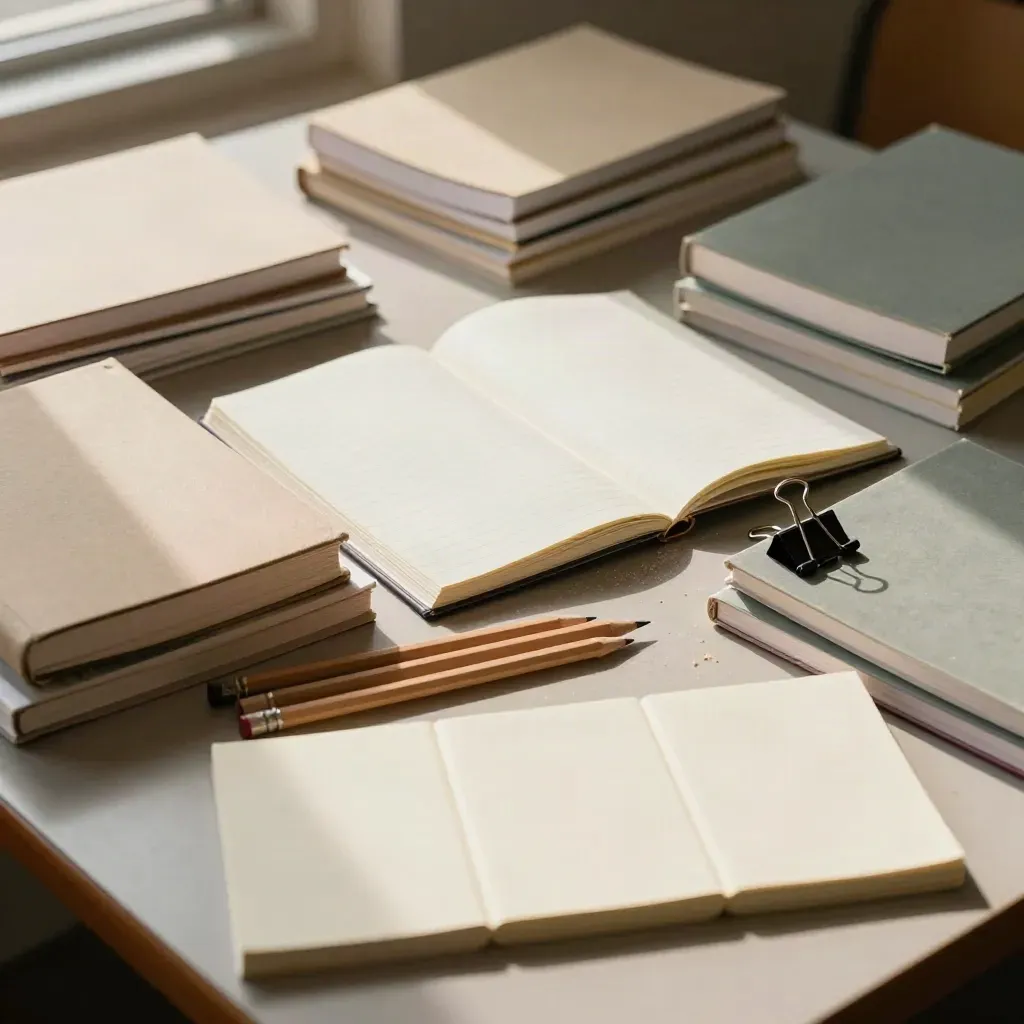 Sunlit classroom table with notebooks, pencils, binder clips, and blank cards after a writing circle