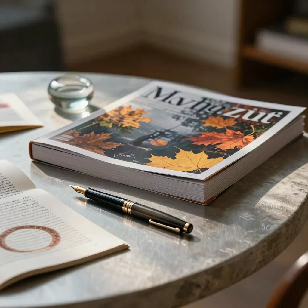 Fresh fall journal issue, fountain pen, paperweight and tea ring on linen in warm window light.