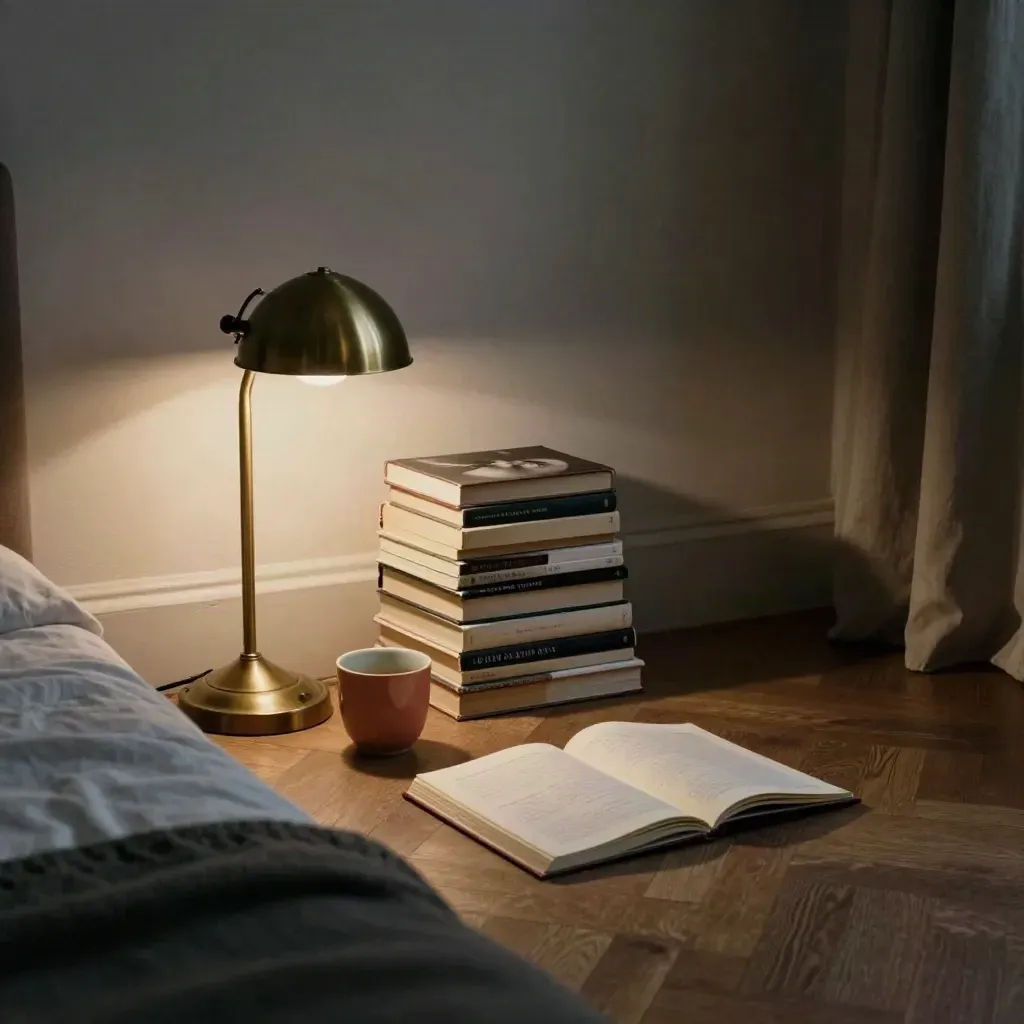 Bedside poetry books, brass lamp base, coral cup and turned-away notebook in moody midnight light.