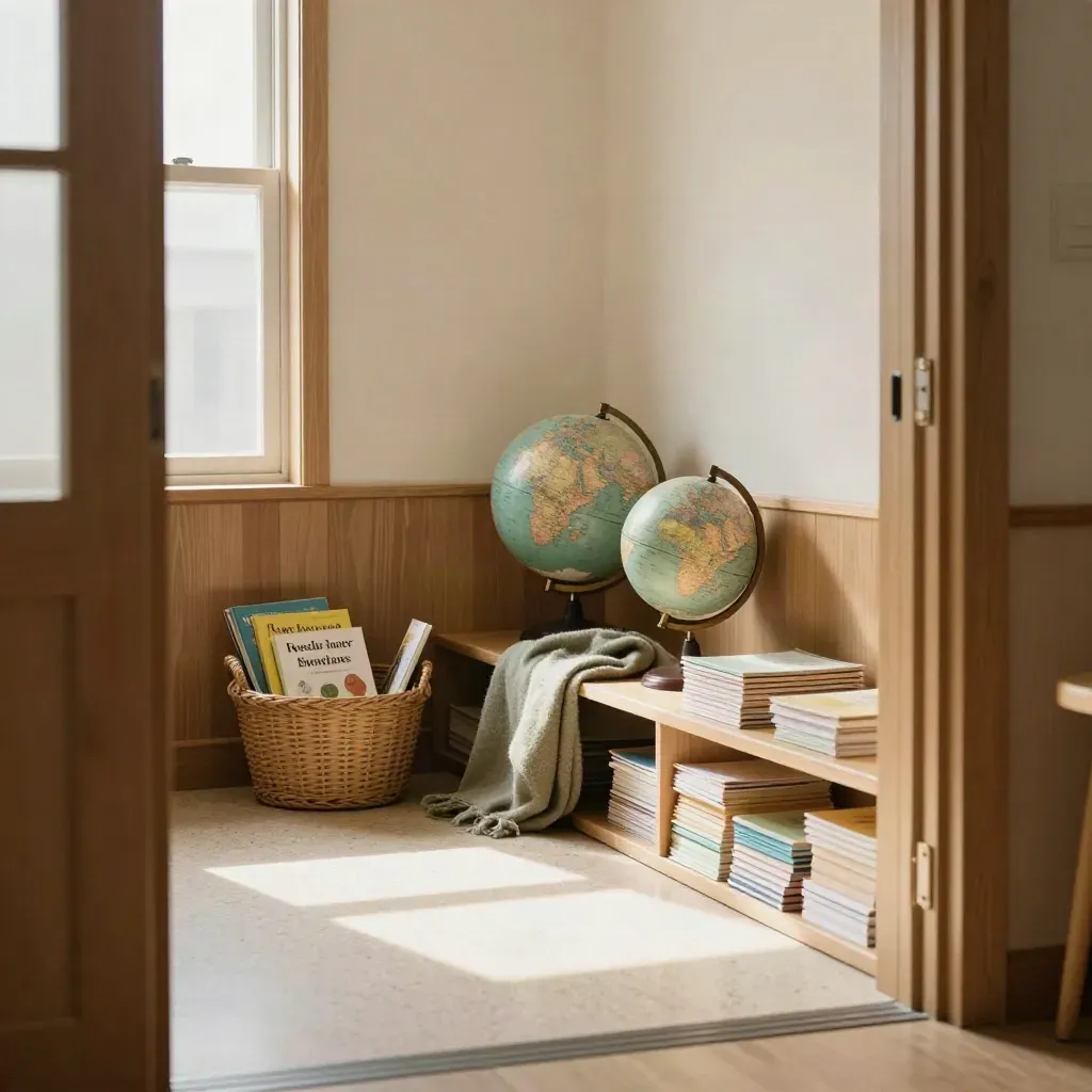 Cozy classroom reading corner with books, blanket, globe, and lesson materials in morning sun.