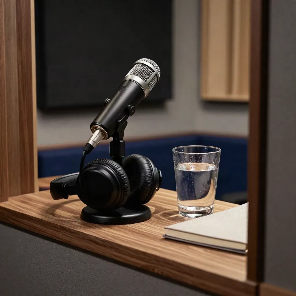 Empty interview nook with microphone, headphones, water glass, and turned-away notebook in a studio doorway.