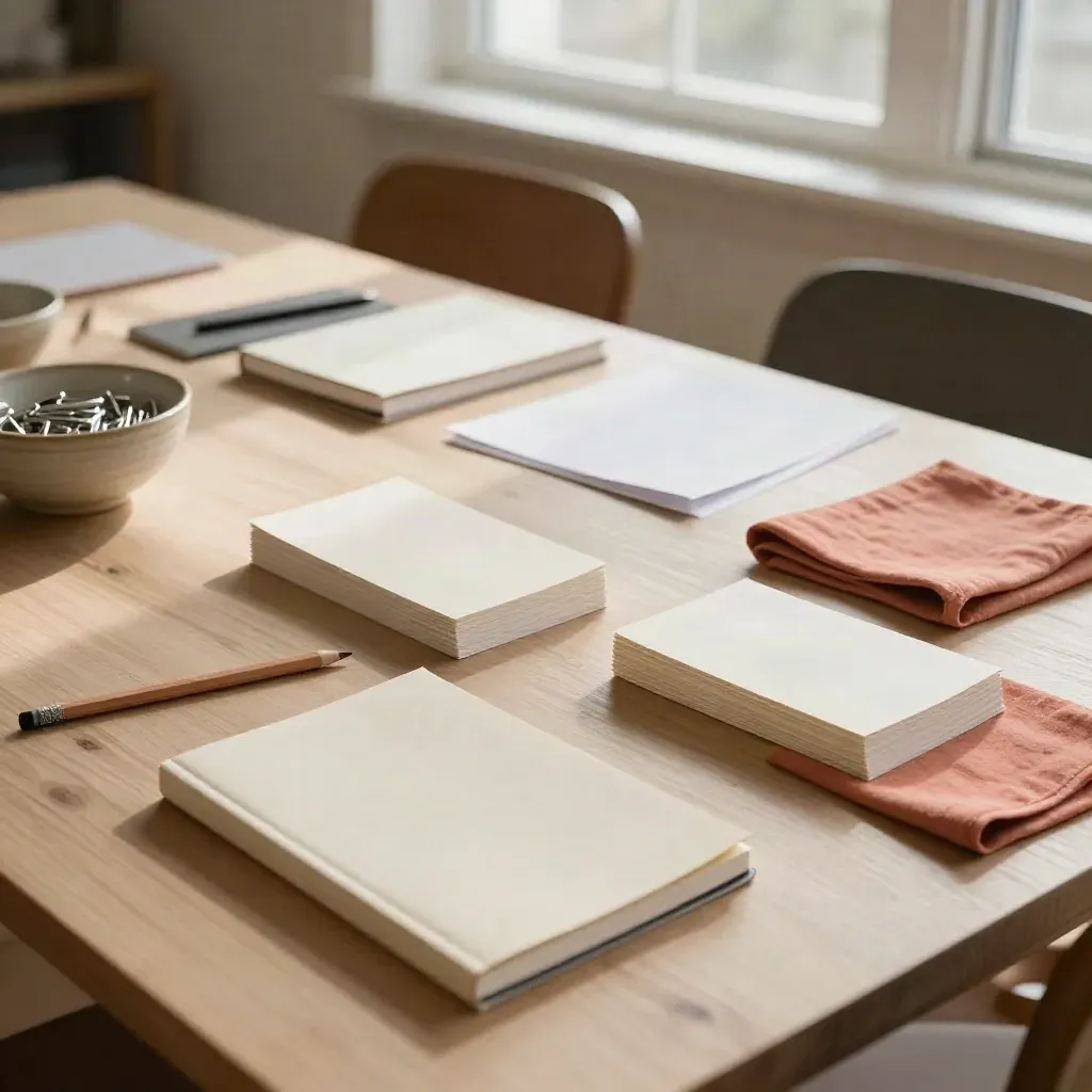 Spring workshop table with notebooks, pencils, index cards and paper clips by a bright window.