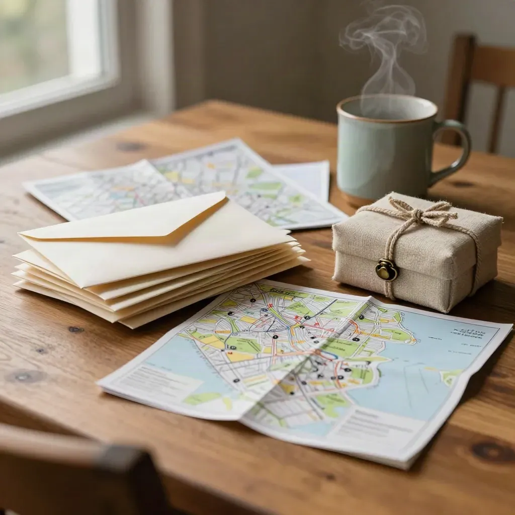 Warm community notes table with envelopes, map, mug, and keepsake box in soft window light.