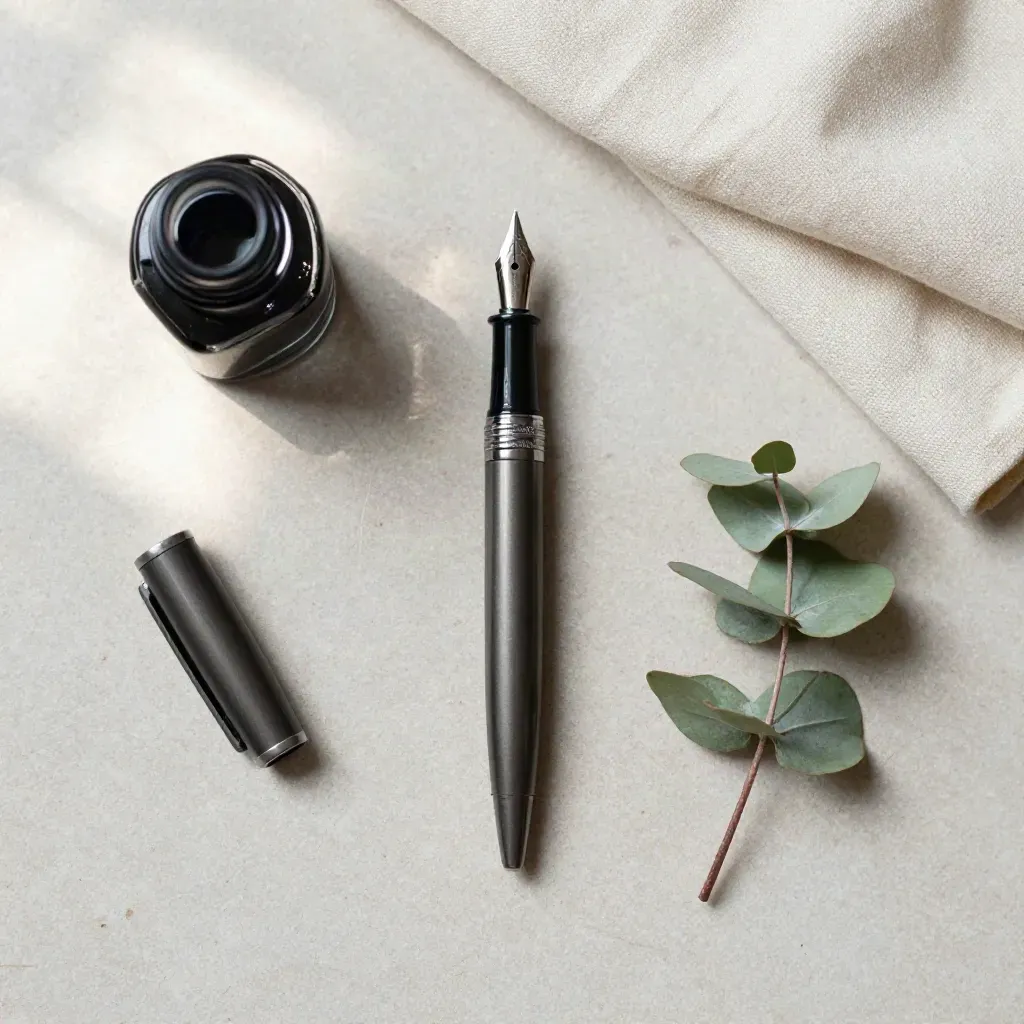Overhead flatlay of pen, ink bottle, folded cloth, and eucalyptus on pale stone.