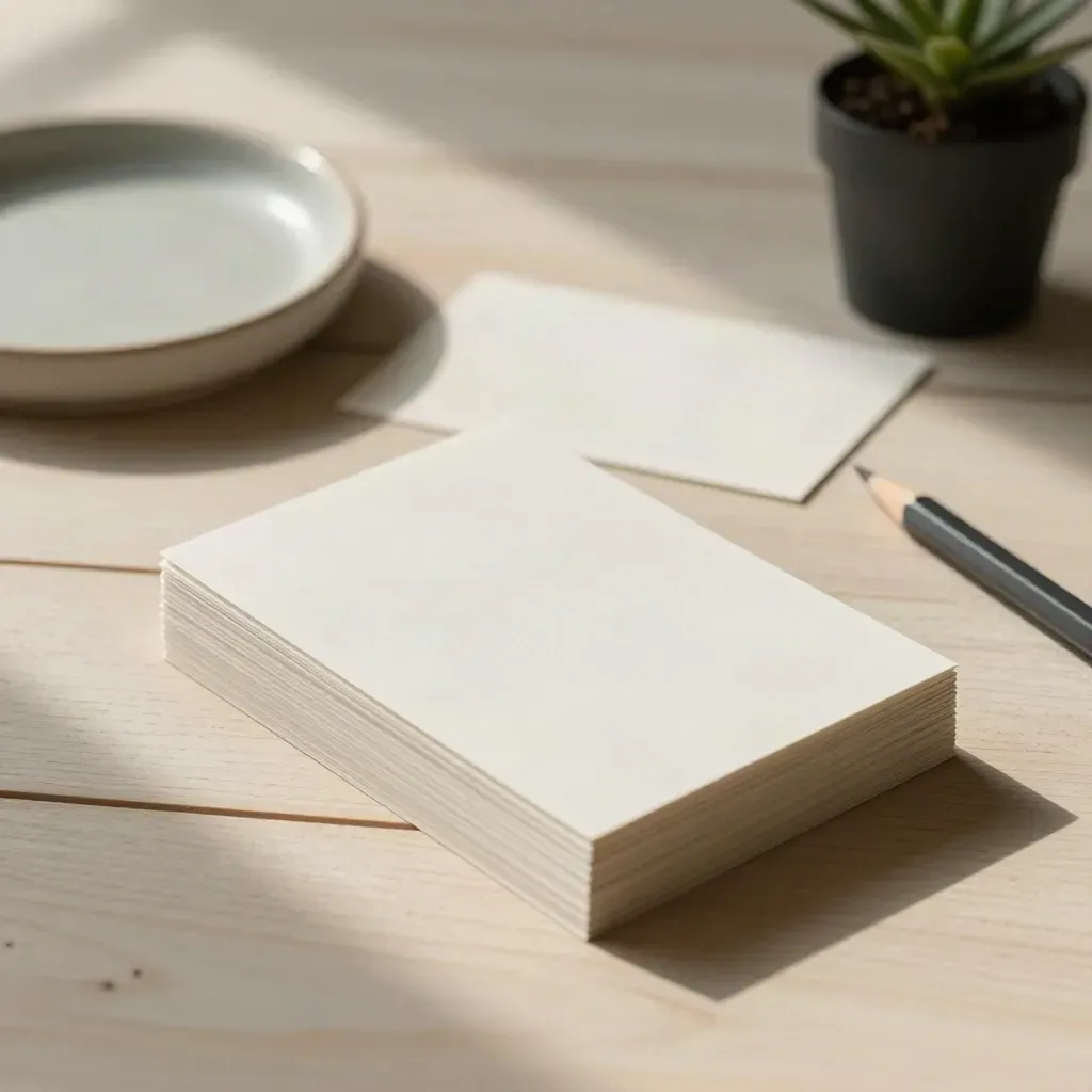 Blank prompt cards, pencil, dish and small plant on pale wood
