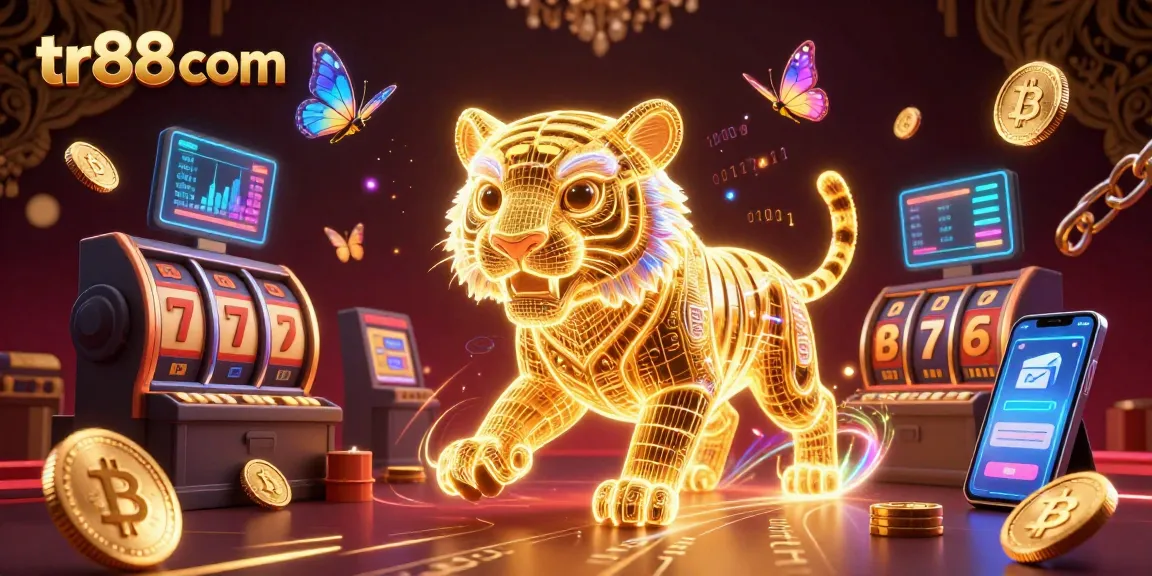 Experience thrilling action at tr88 com with a dynamic casino scene featuring a golden tiger and crypto elements.