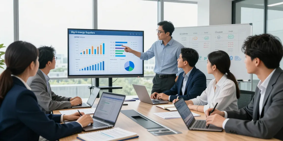 A diverse team assessing big 6 energy suppliers data in a modern office setting, discussing energy costs and strategies for 2026.
