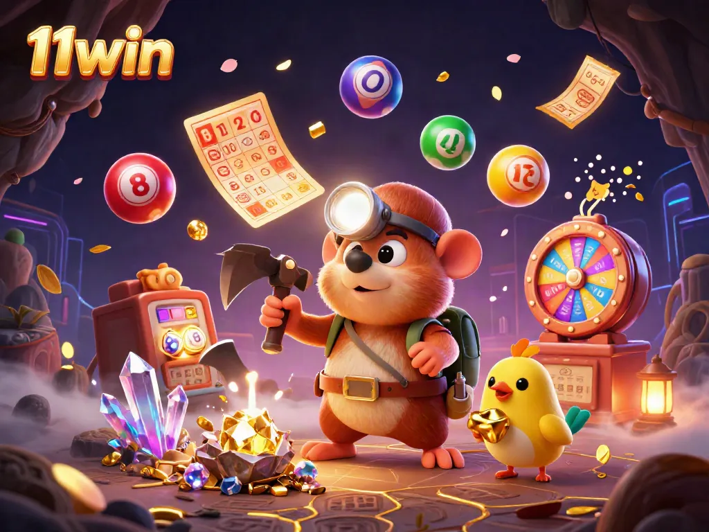 Engage with the lively 11win gaming experience, featuring a treasure hunter mole amidst lottery excitement and gold coins.