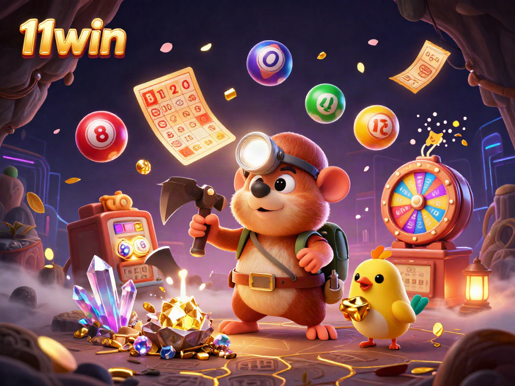 Engage with the lively 11win gaming experience, featuring a treasure hunter mole amidst lottery excitement and gold coins.