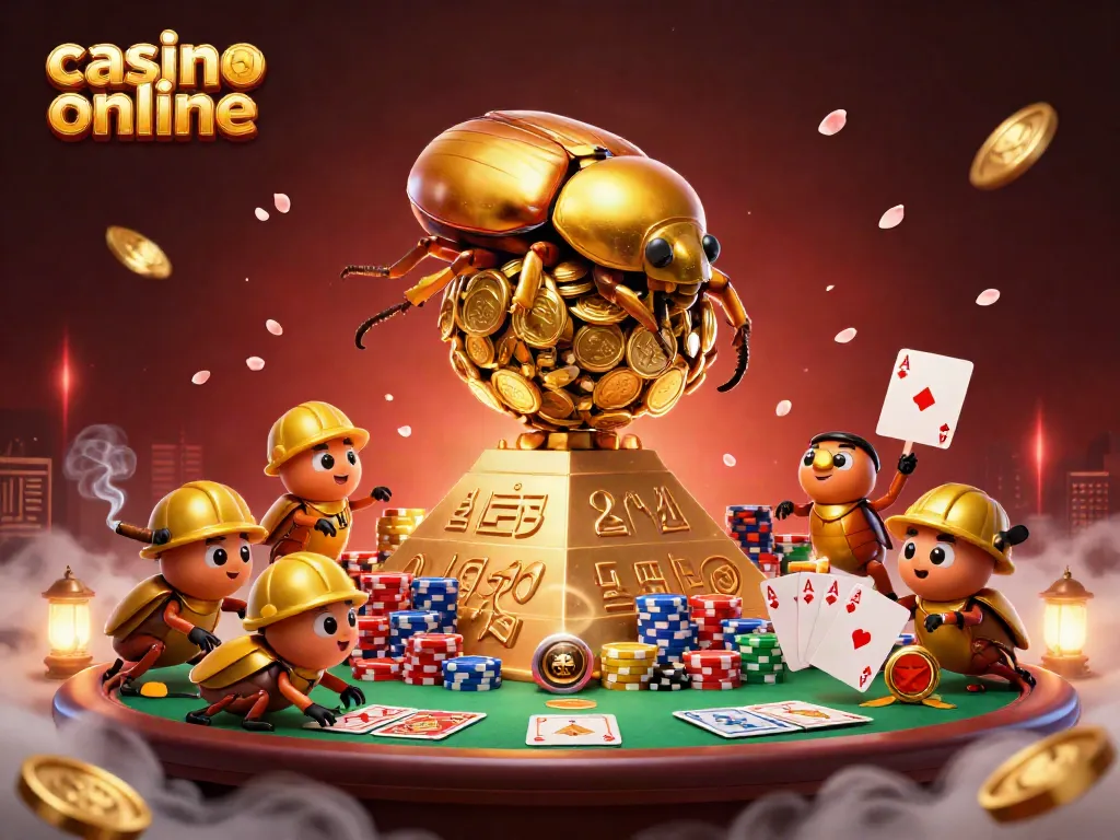 Juega en un casino online mientras un enorme escarabajo dorado rueda monedas en un ambiente vibrante y lleno de acción.