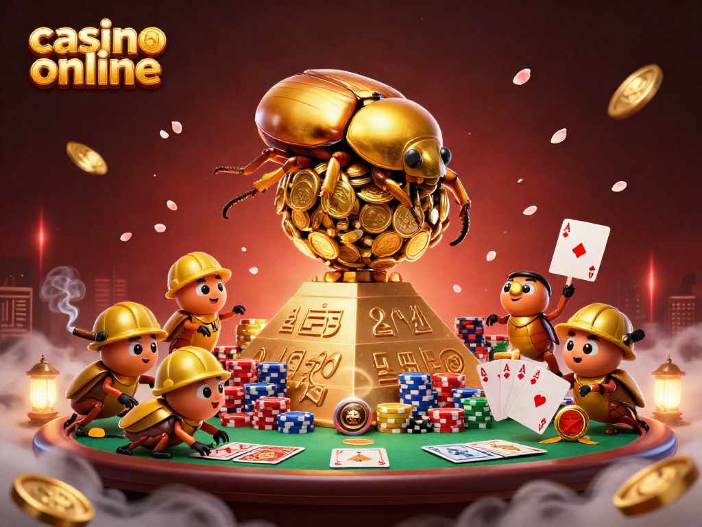 Juega en un casino online mientras un enorme escarabajo dorado rueda monedas en un ambiente vibrante y lleno de acción.