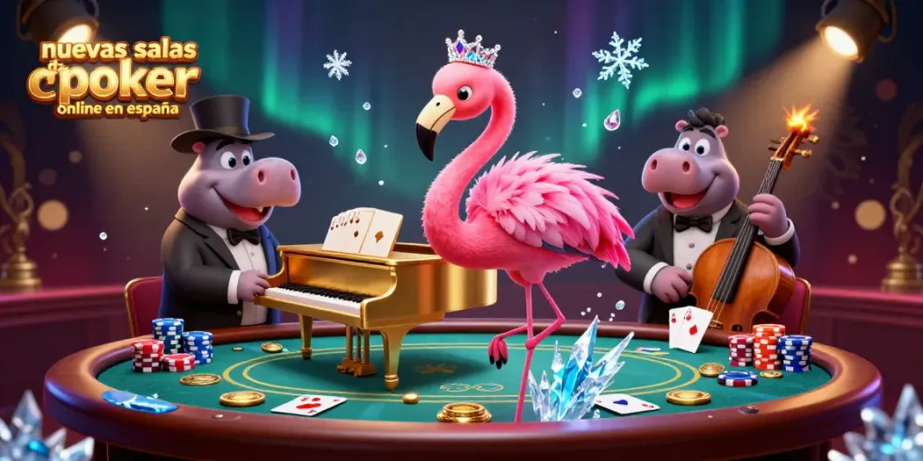 Juega en nuevas salas de poker online en España con cartas y fichas brillantes en una mesa vibrante.